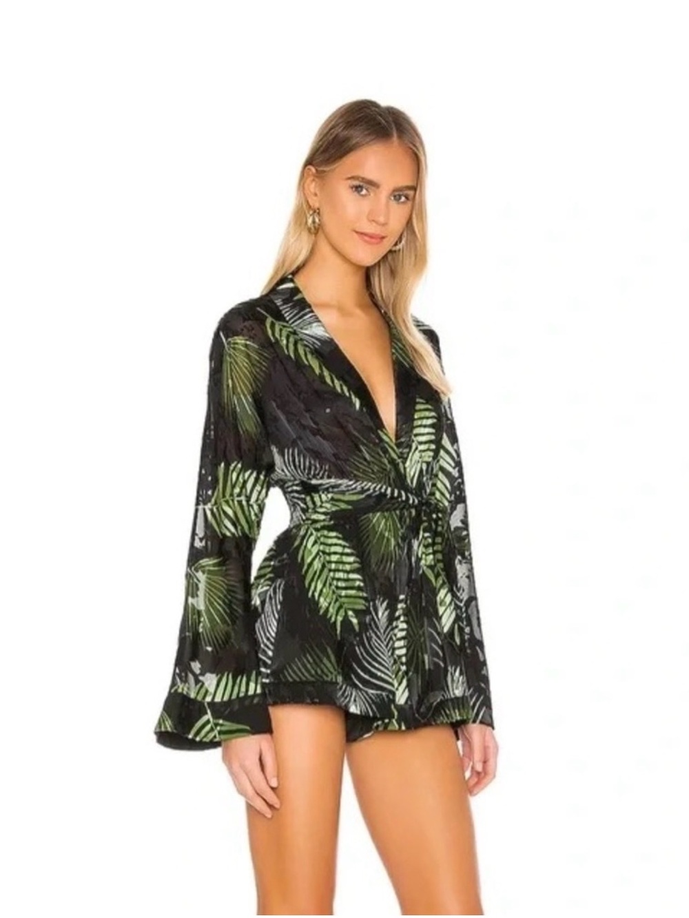 Camila Coelho Amelia Romper Size XXS black green palms burnout fabric X Revolve